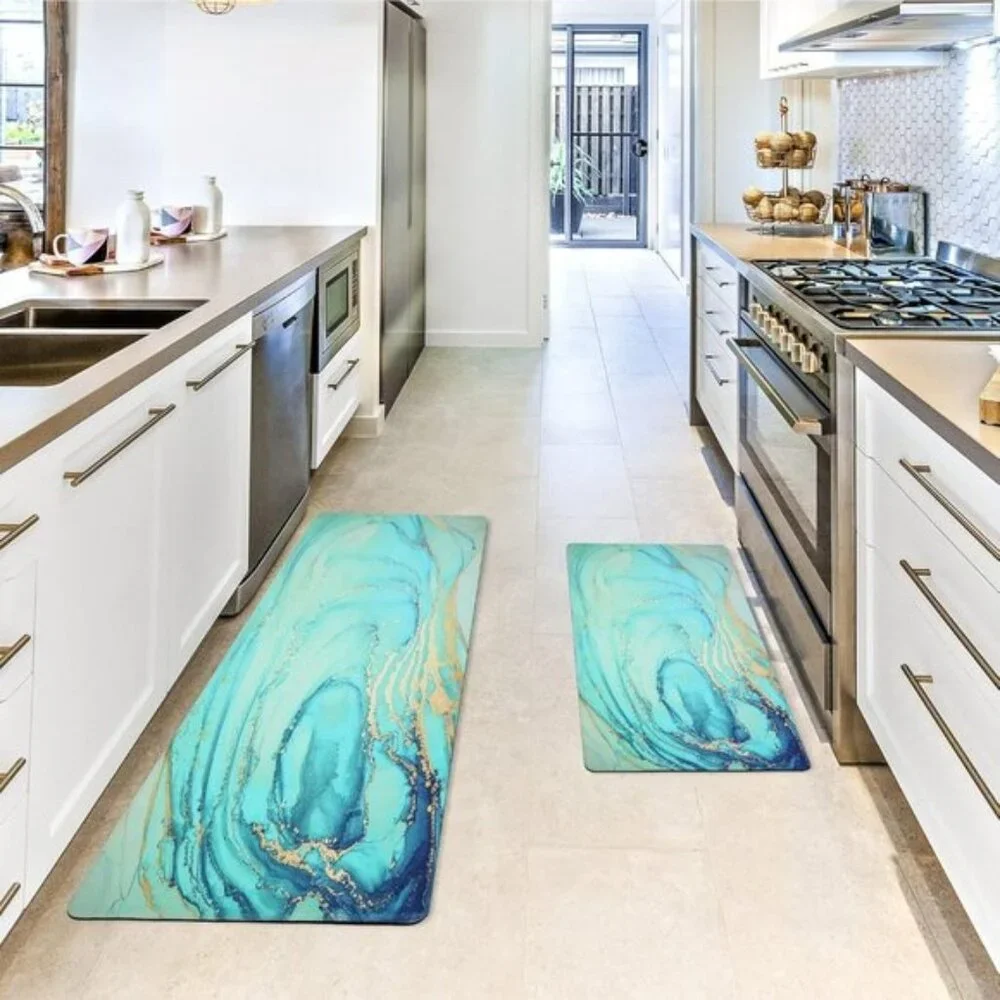 New Set of 2 Teal Marble Kitchen Mat, Anti-Fatigue, Non-Slip, Cushioned Foam